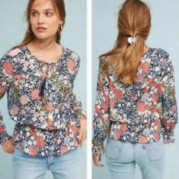 Maeve Tops - Maeve by Anthropologie Begonia Peasant Navy Blue Blouse